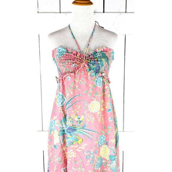 Vintage dusty peach pink floral rushed halter top ruffle dress - Picture 3 of 5